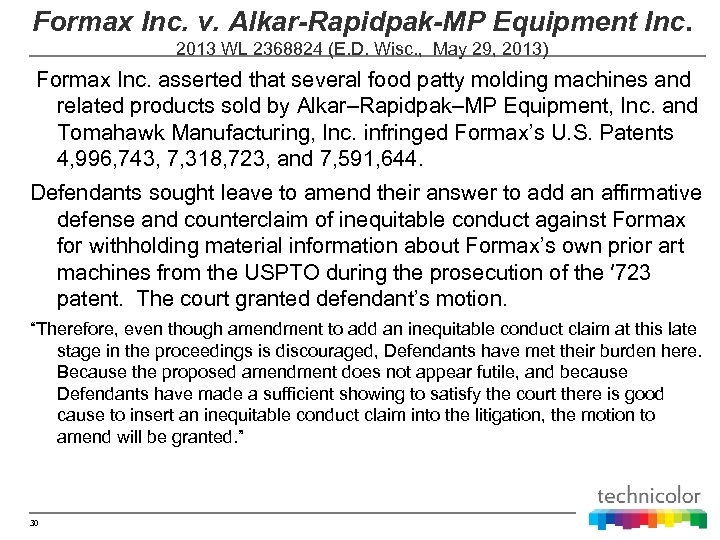 Formax Inc. v. Alkar-Rapidpak-MP Equipment Inc. 2013 WL 2368824 (E. D. Wisc. , May