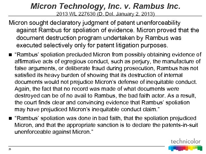 Micron Technology, Inc. v. Rambus Inc. 2013 WL 227630 (D. Del. January 2, 2013)