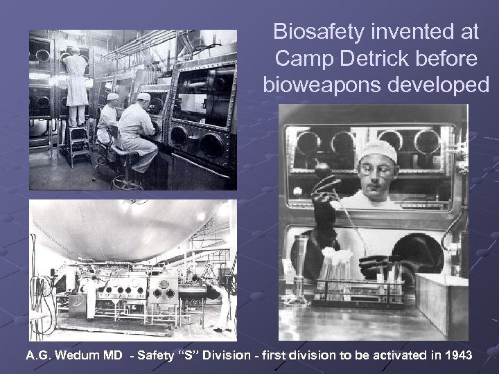 Biosafety invented at Camp Detrick before bioweapons developed A. G. Wedum MD - Safety