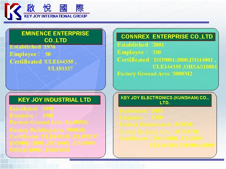 啟 悅 國 際 KEY JOY INTERNATIONAL GROUP EMINENCE ENTERPRISE CONNREX ENTERPRISE CO. ,