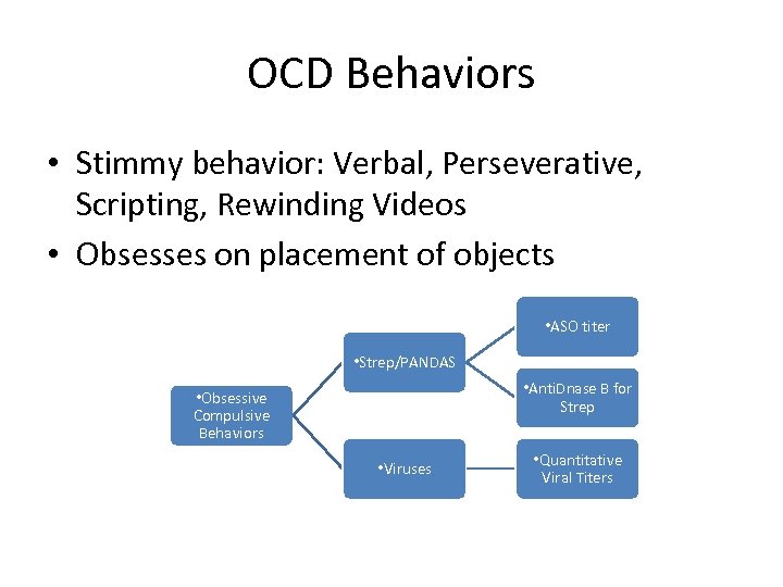 OCD Behaviors • Stimmy behavior: Verbal, Perseverative, Scripting, Rewinding Videos • Obsesses on placement