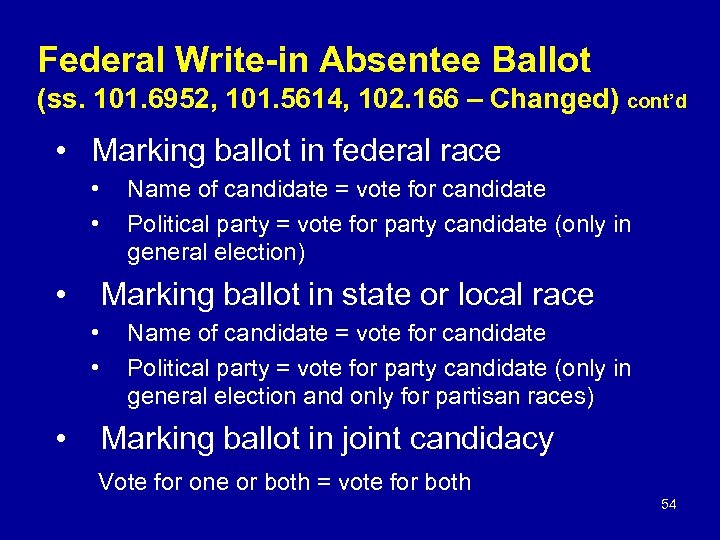 Federal Write-in Absentee Ballot (ss. 101. 6952, 101. 5614, 102. 166 – Changed) cont’d