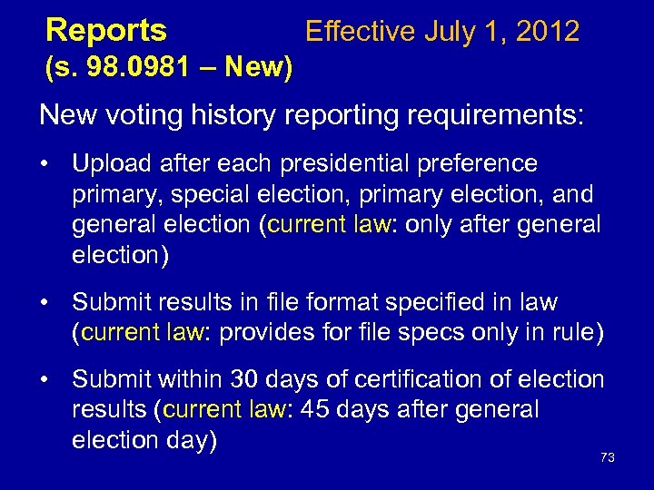 Reports Effective July 1, 2012 (s. 98. 0981 – New) New voting history reporting