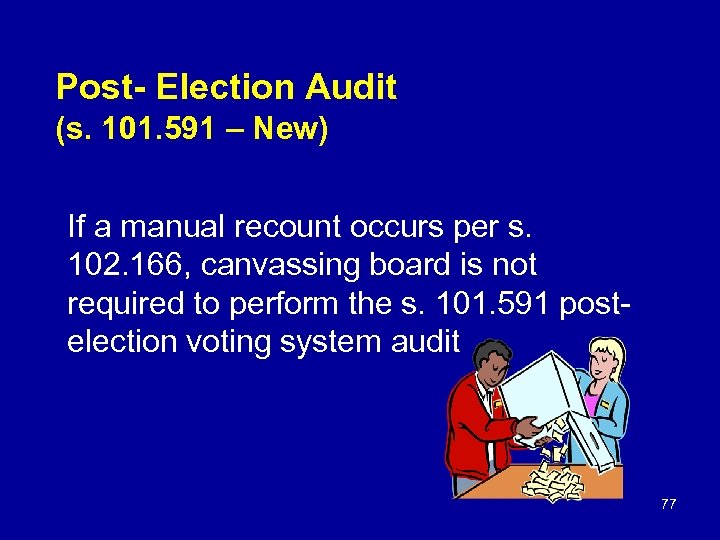 Post- Election Audit (s. 101. 591 – New) If a manual recount occurs per