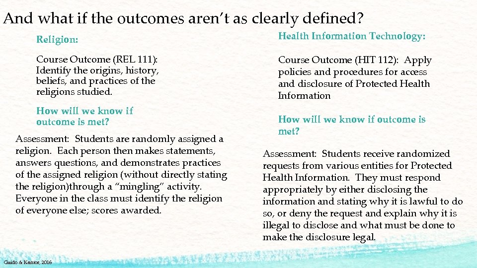 And what if the outcomes aren’t as clearly defined? Religion: Health Information Technology: Course