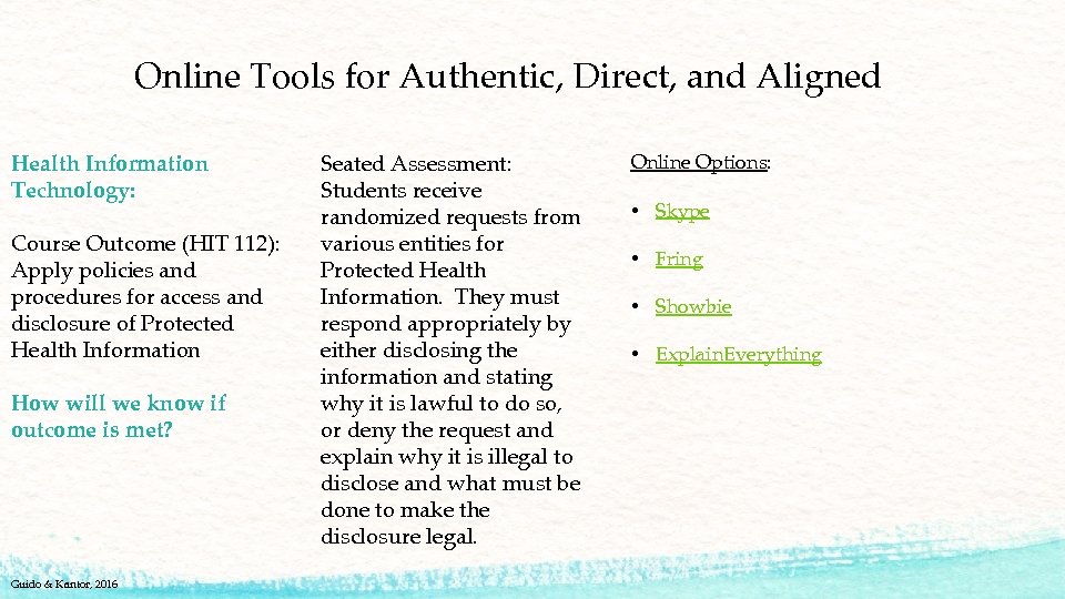 Online Tools for Authentic, Direct, and Aligned Health Information Technology: Course Outcome (HIT 112):