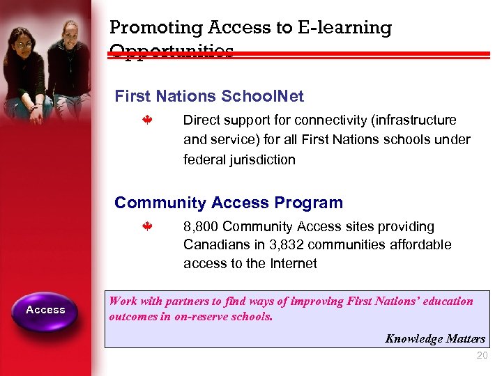 Promoting Access to E-learning Opportunities First Nations School. Net k Direct support for connectivity