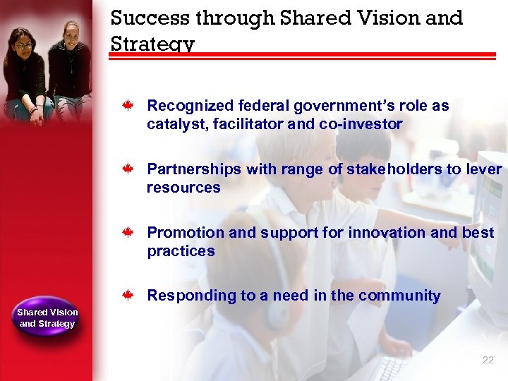 Success through Shared Vision and Strategy k k Partnerships with range of stakeholders to