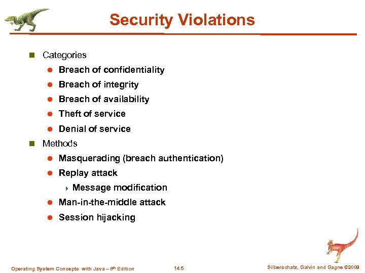 Security Violations n Categories l Breach of confidentiality l Breach of integrity l Breach