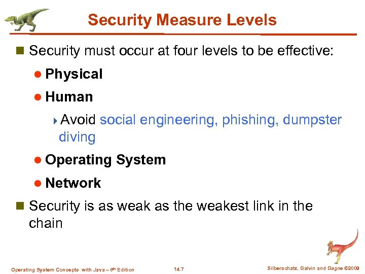 Security Measure Levels n Security must occur at four levels to be effective: l