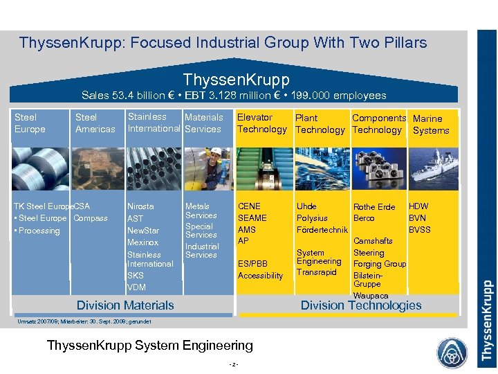 Thyssen. Krupp: Focused Industrial Group With Two Pillars Thyssen. Krupp Sales 53. 4 billion
