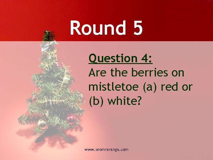 Round 5 Question 4: Are the berries on mistletoe (a) red or (b) white?