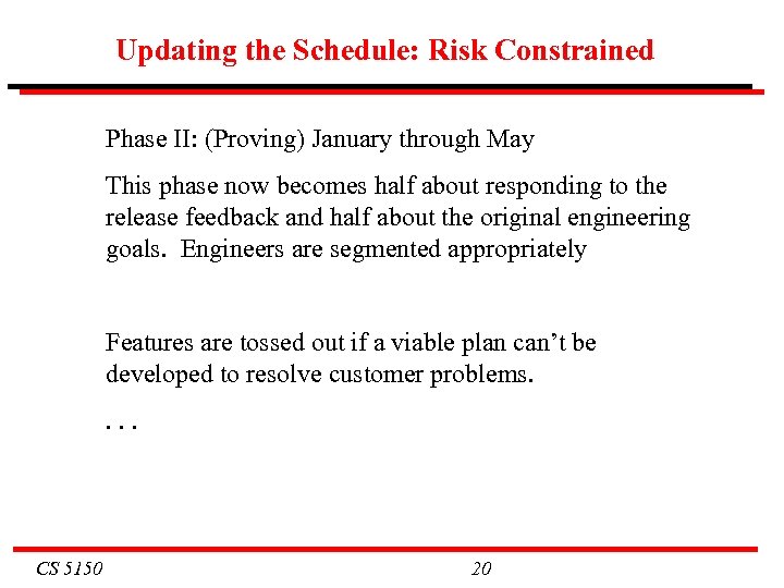 Updating the Schedule: Risk Constrained Phase II: (Proving) January through May This phase now