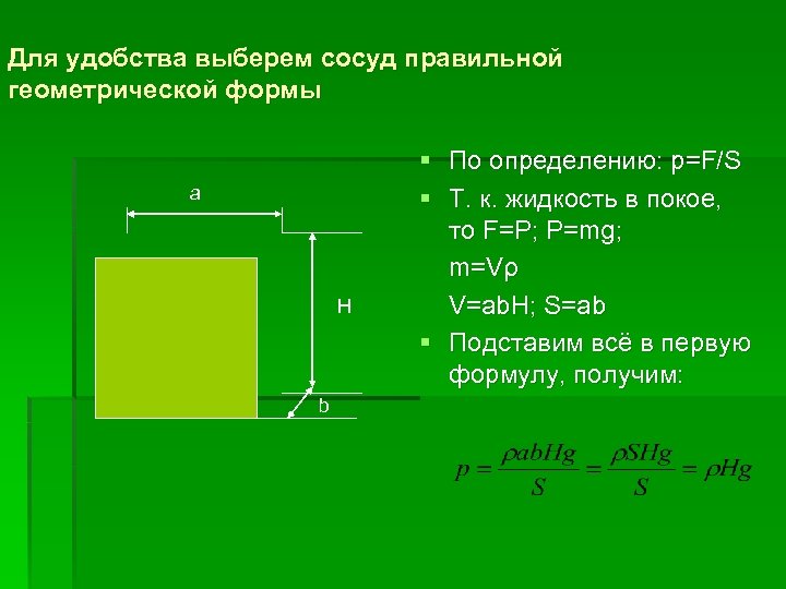 Для удобства выберем сосуд правильной геометрической формы a H b § По определению: p=F/S