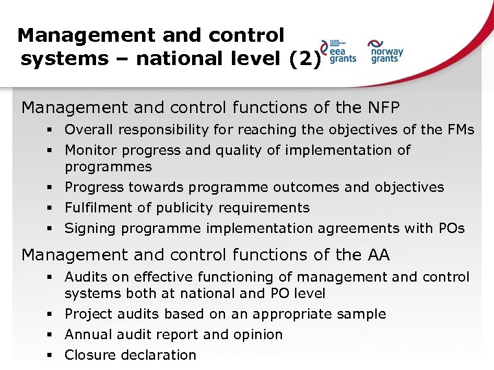 Management and control systems – national level (2) Management and control functions of the