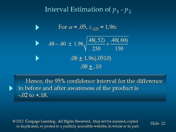 Interval Estimation of p 1 - p 2 For =. 05, z. 025 =