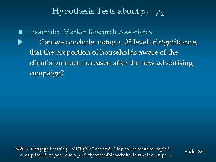 Hypothesis Tests about p 1 - p 2 n Example: Market Research Associates Can