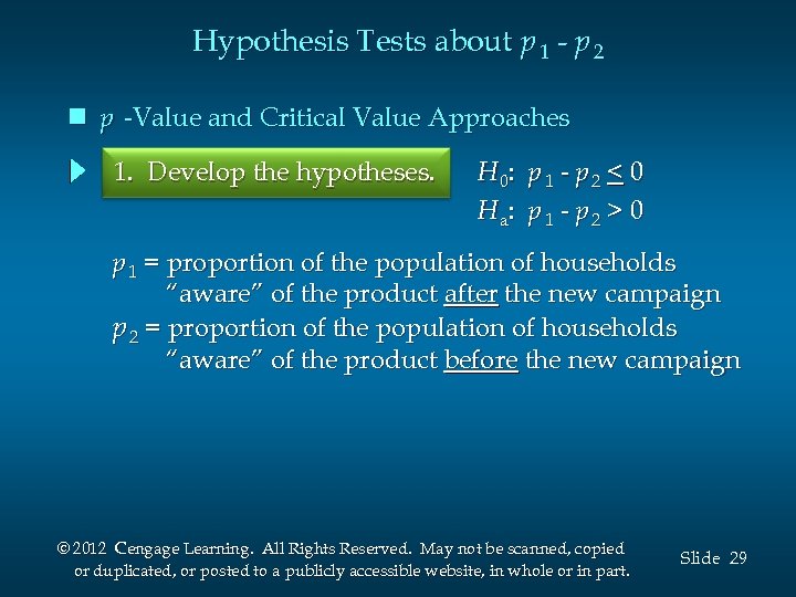 Hypothesis Tests about p 1 - p 2 n p -Value and Critical Value
