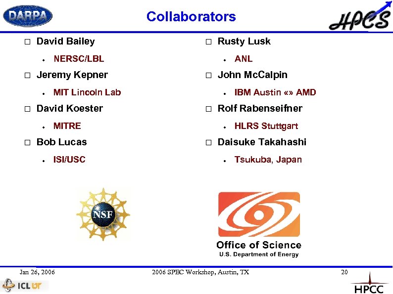 Collaborators David Bailey ● ● ISI/USC Jan 26, 2006 IBM Austin «» AMD Rolf