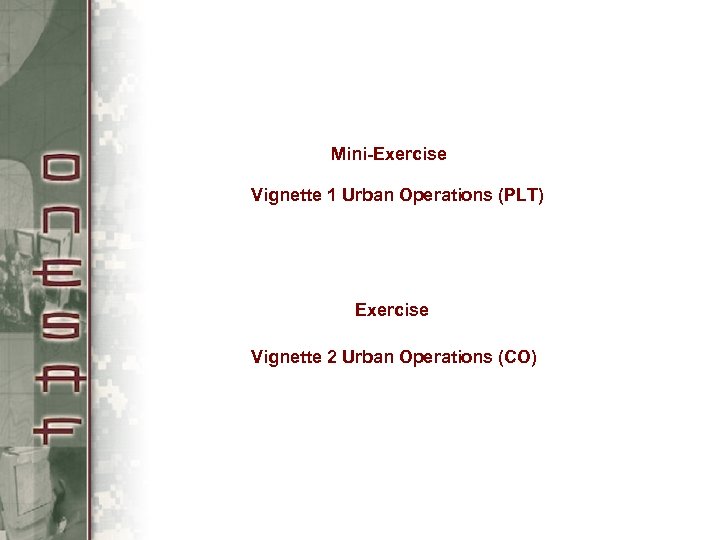 Mini-Exercise Vignette 1 Urban Operations (PLT) Exercise Vignette 2 Urban Operations (CO) 