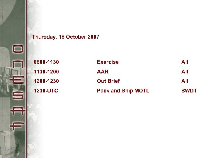 Thursday, 18 October 2007 0800 -1130 Exercise All 1130 -1200 AAR All 1200 -1230