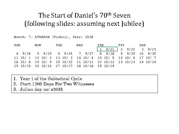 The Start of Daniel's 70 th Seven (following slides: assuming next Jubilee) Month: 7.