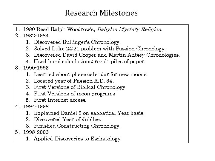 Research Milestones 1. 1980 Read Ralph Woodrow's, Babylon Mystery Religion. 2. 1982 -1984 1.