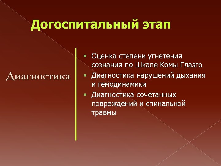 Догоспитальный этап Диагностика • Оценка степени угнетения сознания по Шкале Комы Глазго • Диагностика