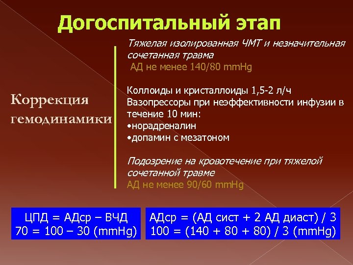 Догоспитальный этап Тяжелая изолированная ЧМТ и незначительная сочетанная травма АД не менее 140/80 mm.