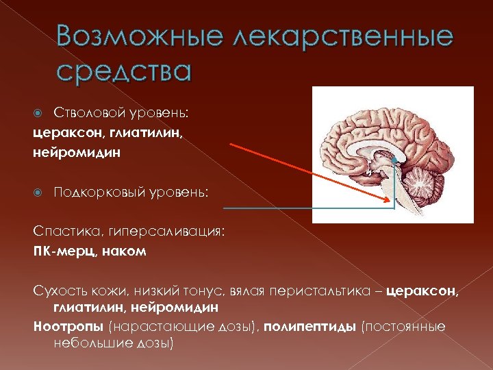 Возможные лекарственные средства Стволовой уровень: цераксон, глиатилин, нейромидин Подкорковый уровень: Спастика, гиперсаливация: ПК-мерц, наком