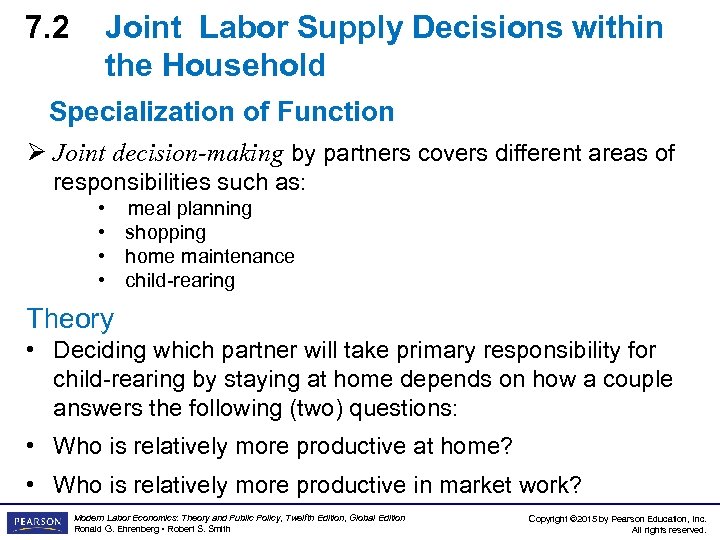7. 2 Joint Labor Supply Decisions within the Household Specialization of Function Ø Joint