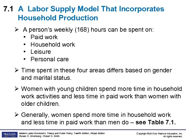 7. 1 A Labor Supply Model That Incorporates Household Production Ø A person’s weekly
