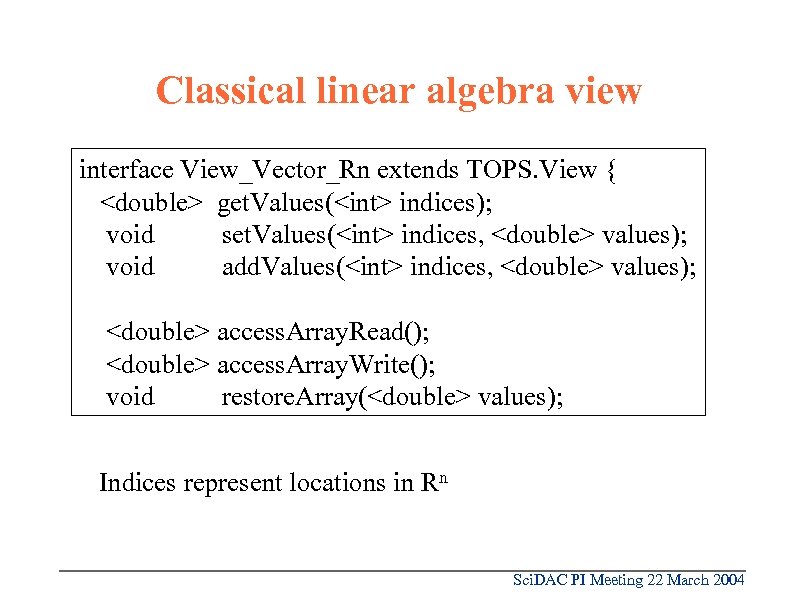 Classical linear algebra view interface View_Vector_Rn extends TOPS. View { <double> get. Values(<int> indices);