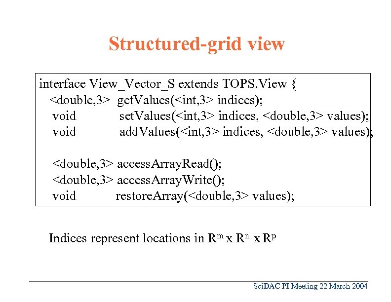 Structured-grid view interface View_Vector_S extends TOPS. View { <double, 3> get. Values(<int, 3> indices);