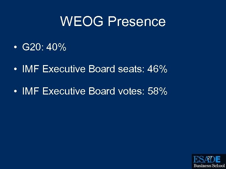 WEOG Presence • G 20: 40% • IMF Executive Board seats: 46% • IMF