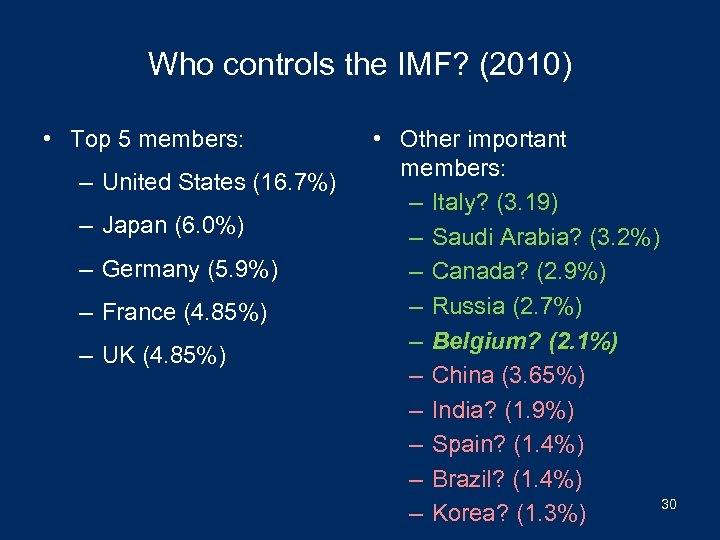 Who controls the IMF? (2010) • Top 5 members: – United States (16. 7%)