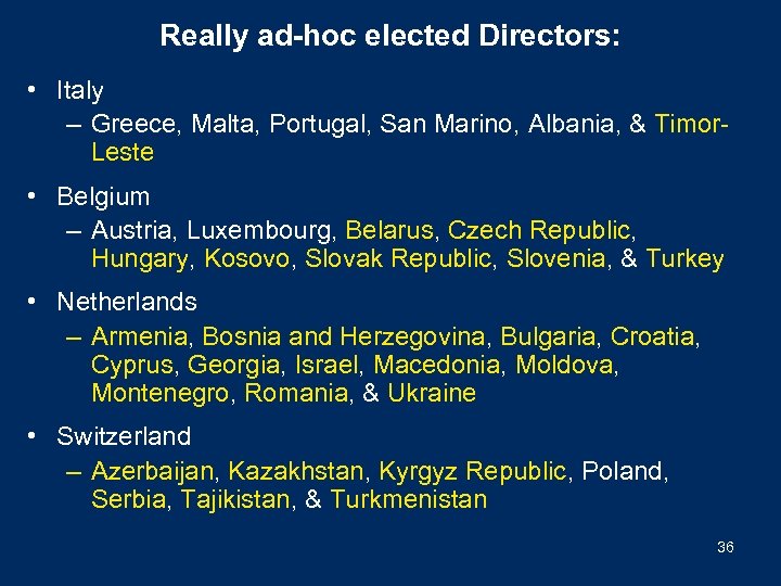 Really ad-hoc elected Directors: • Italy – Greece, Malta, Portugal, San Marino, Albania, &