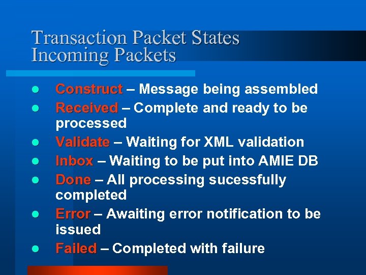 Transaction Packet States Incoming Packets l l l l Construct – Message being assembled