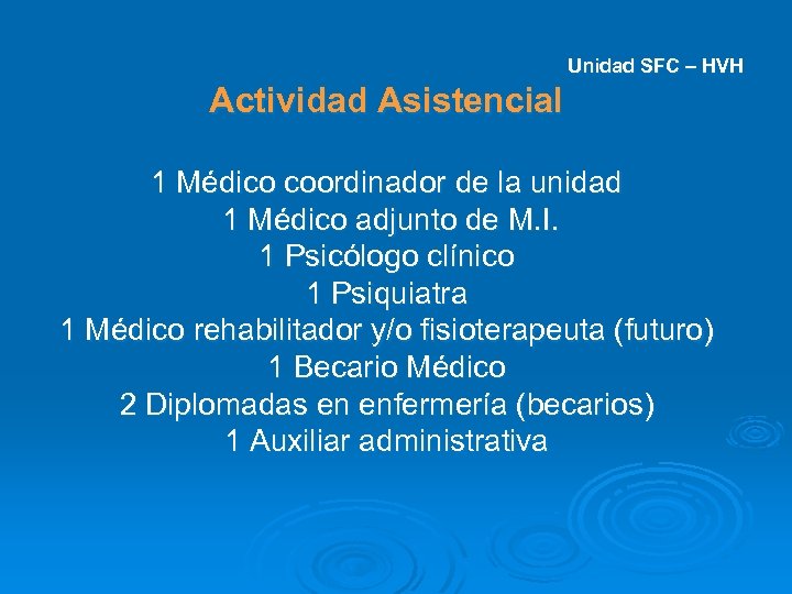 Unidad SFC – HVH Actividad Asistencial 1 Médico coordinador de la unidad 1 Médico