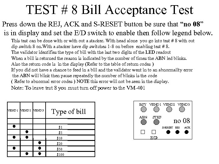 TEST # 8 Bill Acceptance Test Press down the REJ, ACK and S-RESET button