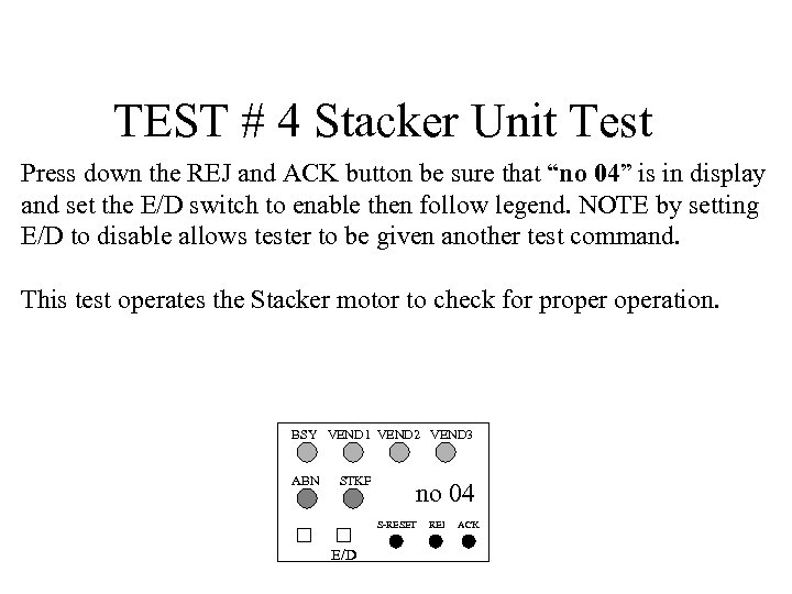 TEST # 4 Stacker Unit Test Press down the REJ and ACK button be