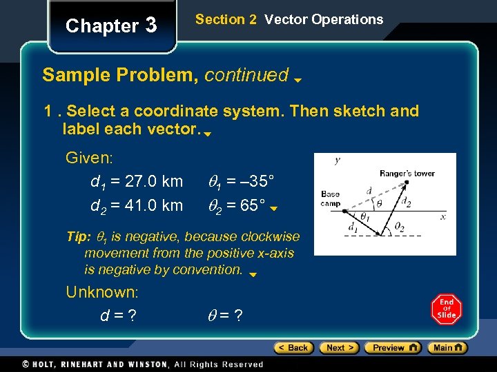 Chapter 3 Section 2 Vector Operations Sample Problem, continued 1. Select a coordinate system.