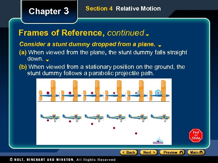 Chapter 3 Section 4 Relative Motion Frames of Reference, continued Consider a stunt dummy