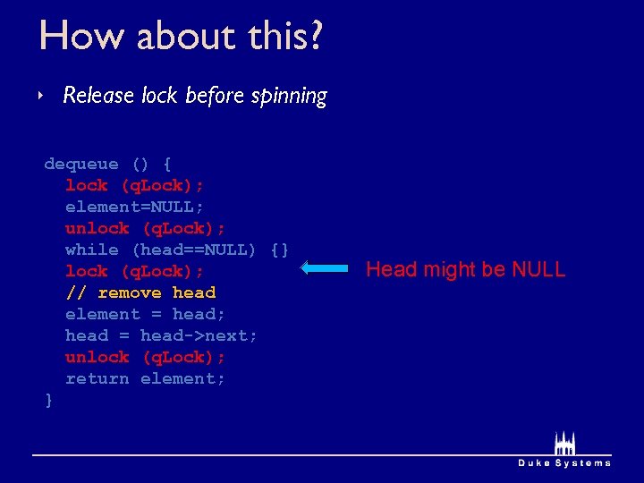 How about this? Release lock before spinning dequeue () { lock (q. Lock); element=NULL;