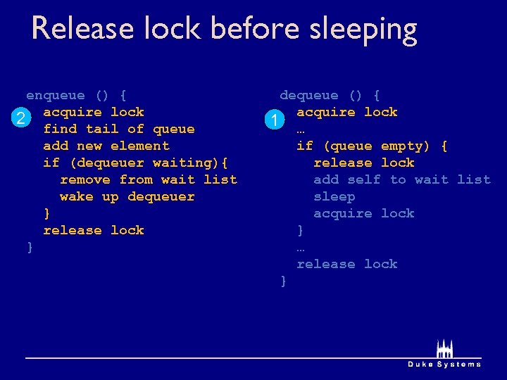 Release lock before sleeping enqueue () { 2 acquire lock find tail of queue