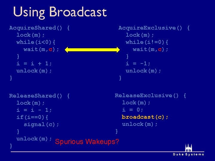 Using Broadcast Acquire. Shared() { lock(m); while(i<0){ wait(m, c); } i = i +