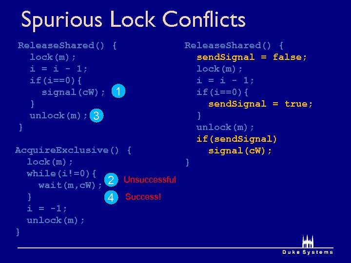 Spurious Lock Conflicts Release. Shared() { lock(m); i = i - 1; if(i==0){ signal(c.