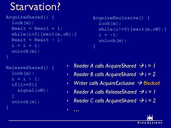 Starvation? Acquire. Shared() { lock(m); Rwait = Rwait + 1; while(i<0){wait(m, c. R); }