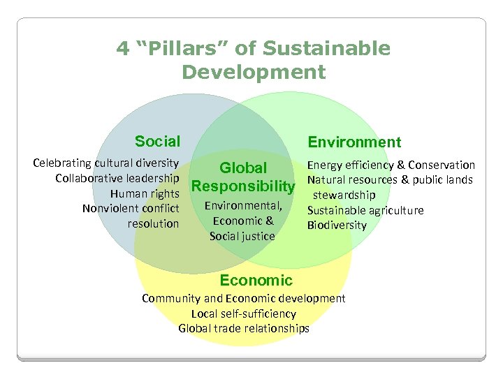 4 “Pillars” of Sustainable Development Social Celebrating cultural diversity Collaborative leadership Human rights Nonviolent
