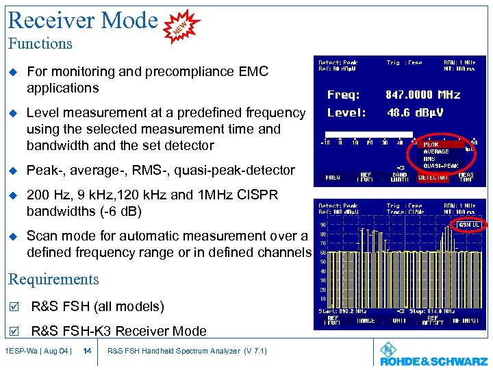 Receiver Mode Functions W NE u For monitoring and precompliance EMC applications u Level